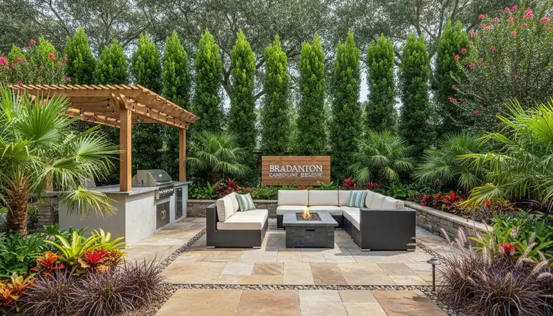 Backyard patio and landscape design with lighting and plants by Chop Chop Landscaping in Bradenton, FL