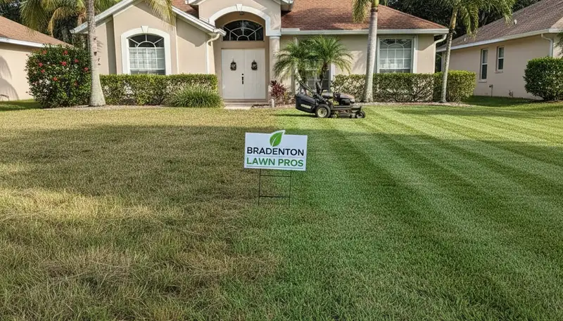 Before and after lawn mowing showcasing property transformation by Chop Chop Landscaping in Bradenton, FL