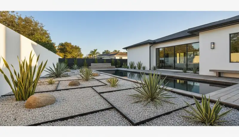 Modern pea gravel landscape with geometric lines and native plants in Bradenton, FL by Chop Chop Landscaping