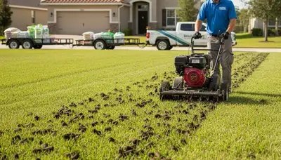 Core aeration machine treating residential lawn in Bradenton, FL for improved turf health and soil aeration