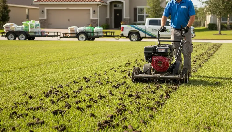 Core aeration machine treating residential lawn in Bradenton, FL for improved turf health and soil aeration