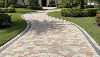 Curved paver driveway design by professional landscapers in Bradenton, FL showcasing expert craftsmanship