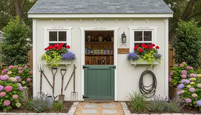 Decorative garden shed with lush landscaping design by Chop Chop Landscaping in Bradenton, FL