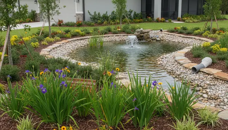 Sustainable rain garden with natural water filtration and native plants in Bradenton, FL landscaping design