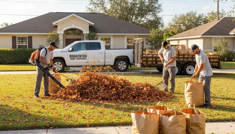 Technicians performing fall leaf removal and yard clean up in Bradenton, FL residential lawn