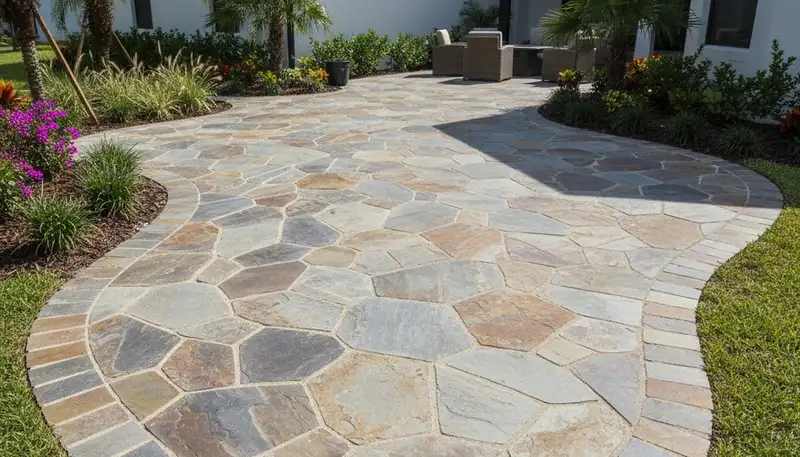 Flagstone patio installation with natural stone pavers by Chop Chop Landscaping in Bradenton, FL