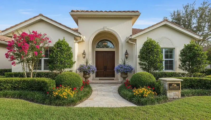 Front yard curb appeal landscaping with colorful plants and shrubs in Bradenton, FL
