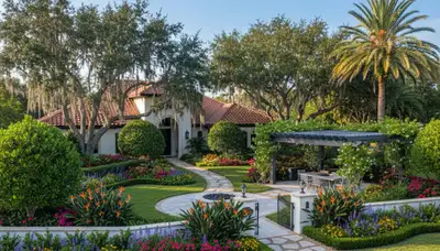 Full property landscape design with vibrant plantings and manicured lawn in Bradenton, FL