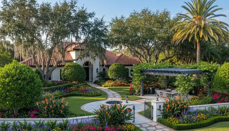 Full property landscape design with vibrant plantings and manicured lawn in Bradenton, FL