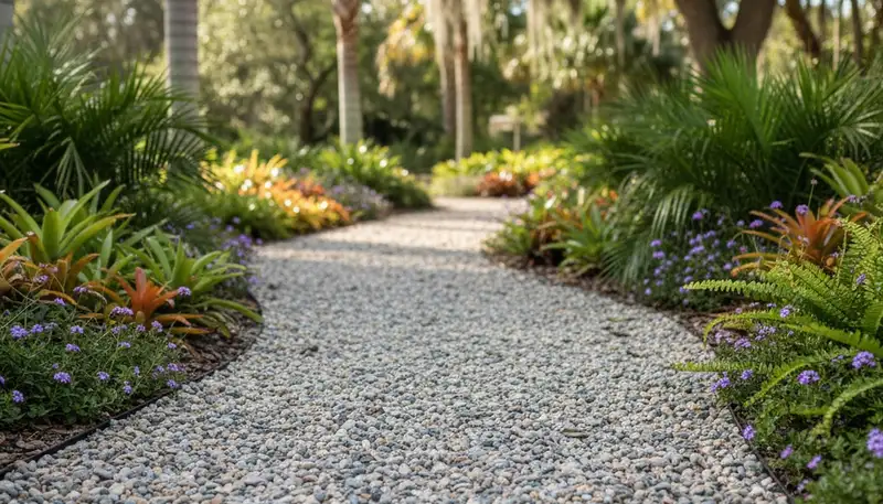 Pea gravel garden pathway with natural drainage in Bradenton, FL by Chop Chop Landscaping