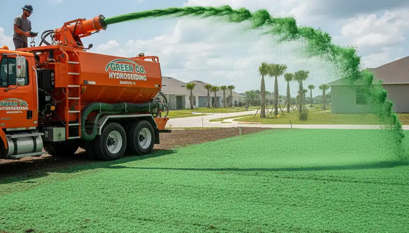 Hydroseeder truck spraying green slurry on new lawn in Bradenton, FL by Chop Chop Landscaping