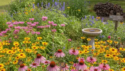 Vibrant native pollinator garden with bee and butterfly plants by organic landscapers in Bradenton, FL