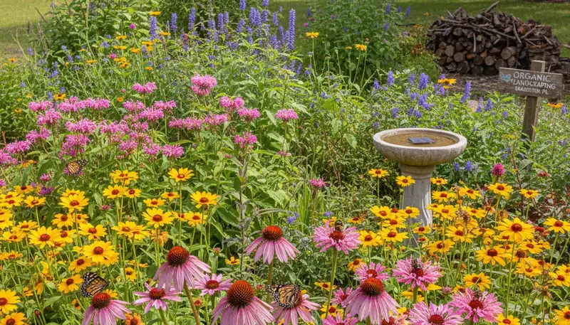 Vibrant native pollinator garden with bee and butterfly plants by organic landscapers in Bradenton, FL