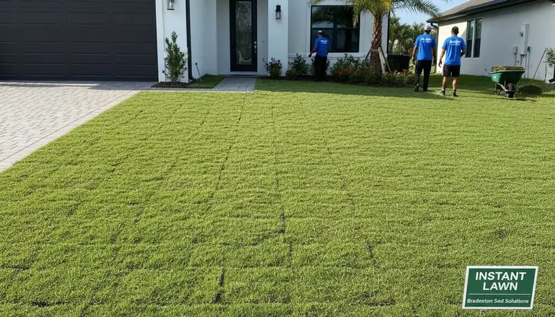 Freshly installed green sod lawn transformation by Chop Chop Landscaping in Bradenton, FL