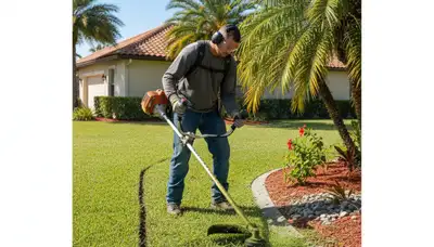 Technician performing precision string trimming and lawn edging on a Bradenton, FL landscape property