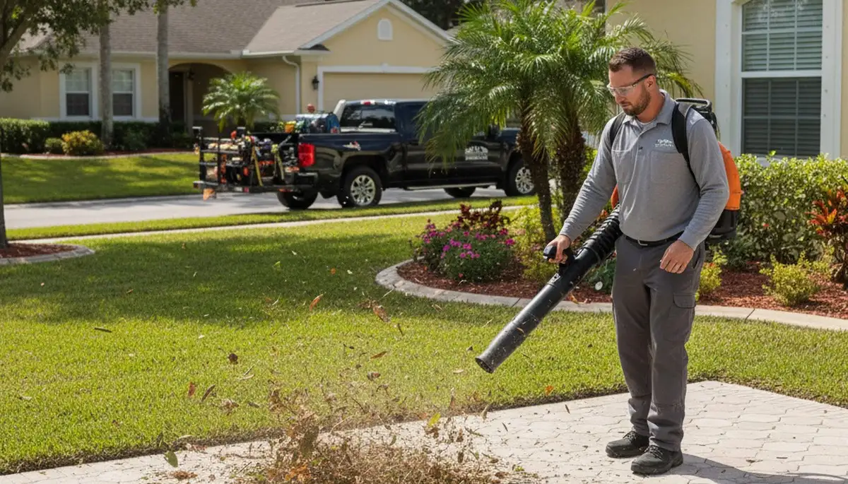 Landscaper using leaf blower for debris cleanup on Bradenton, FL lawn during professional maintenance