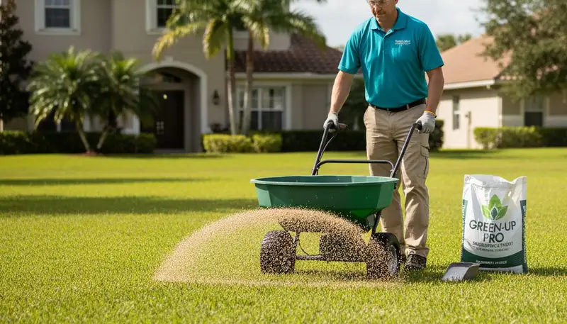 Lawn care technician spreading fertilizer with broadcast spreader in Bradenton, FL residential yard