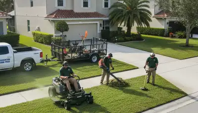 Professional crew mowing and edging residential lawn in Bradenton, FL for Chop Chop Landscaping