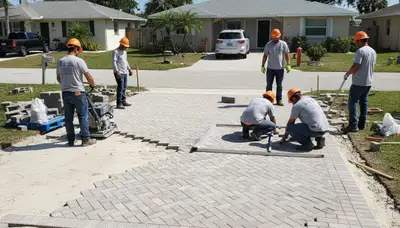 Professional crew installing driveway pavers in Bradenton FL with precise base prep and leveling work