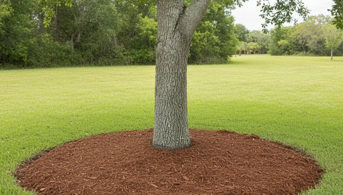 Professional tree ring mulching around tree base in Bradenton FL by Chop Chop Landscaping