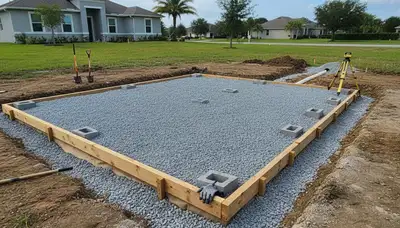 Professional shed foundation base preparation with gravel pad and drainage in Bradenton, FL landscaping
