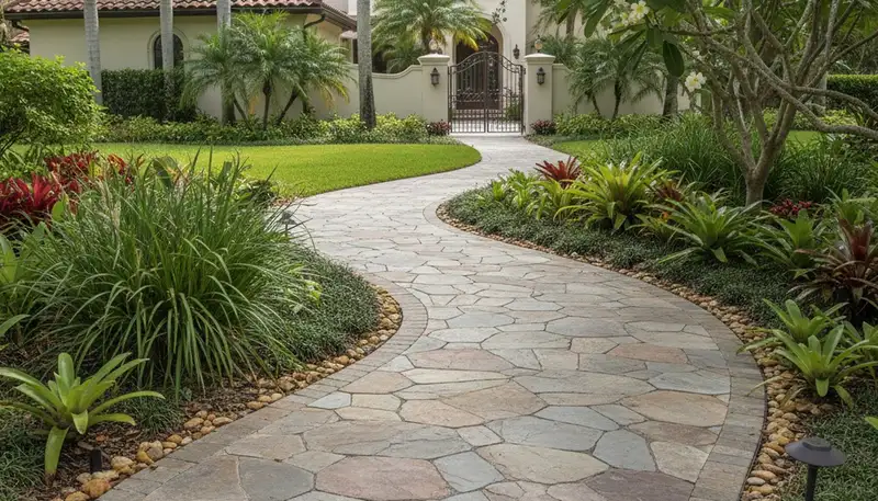 Stone paver pathway installation with natural stones by Chop Chop Landscaping in Bradenton, FL