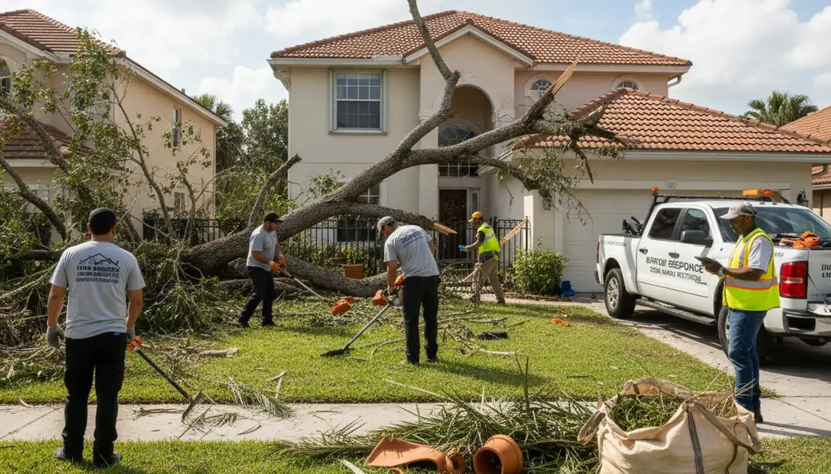 Professional storm debris cleanup crew clearing fallen branches at a Bradenton FL residential yard
